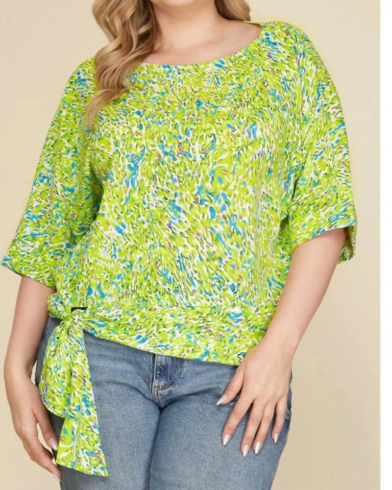 Front of a model wearing a size 1X Printed Woven Top - Plus in Lime in Lime by Style USA. | dia_product_style_image_id:333784